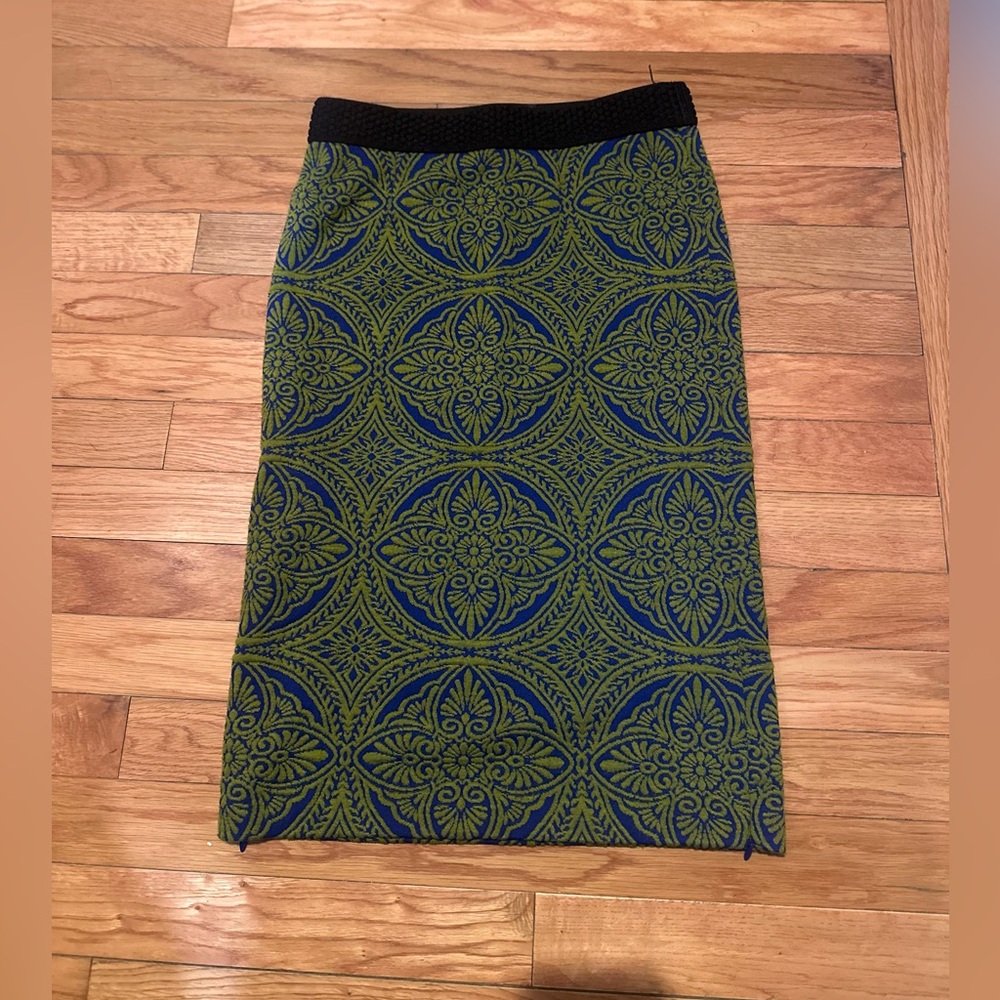 Anthropologie Maeve Blue Green Medallion Jaquered Stretch Pencil Skirt XS Boho‎